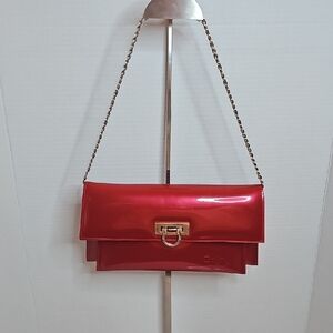 Beijo Red Patent Chain Shoulder Clutch with Gold Hardware
